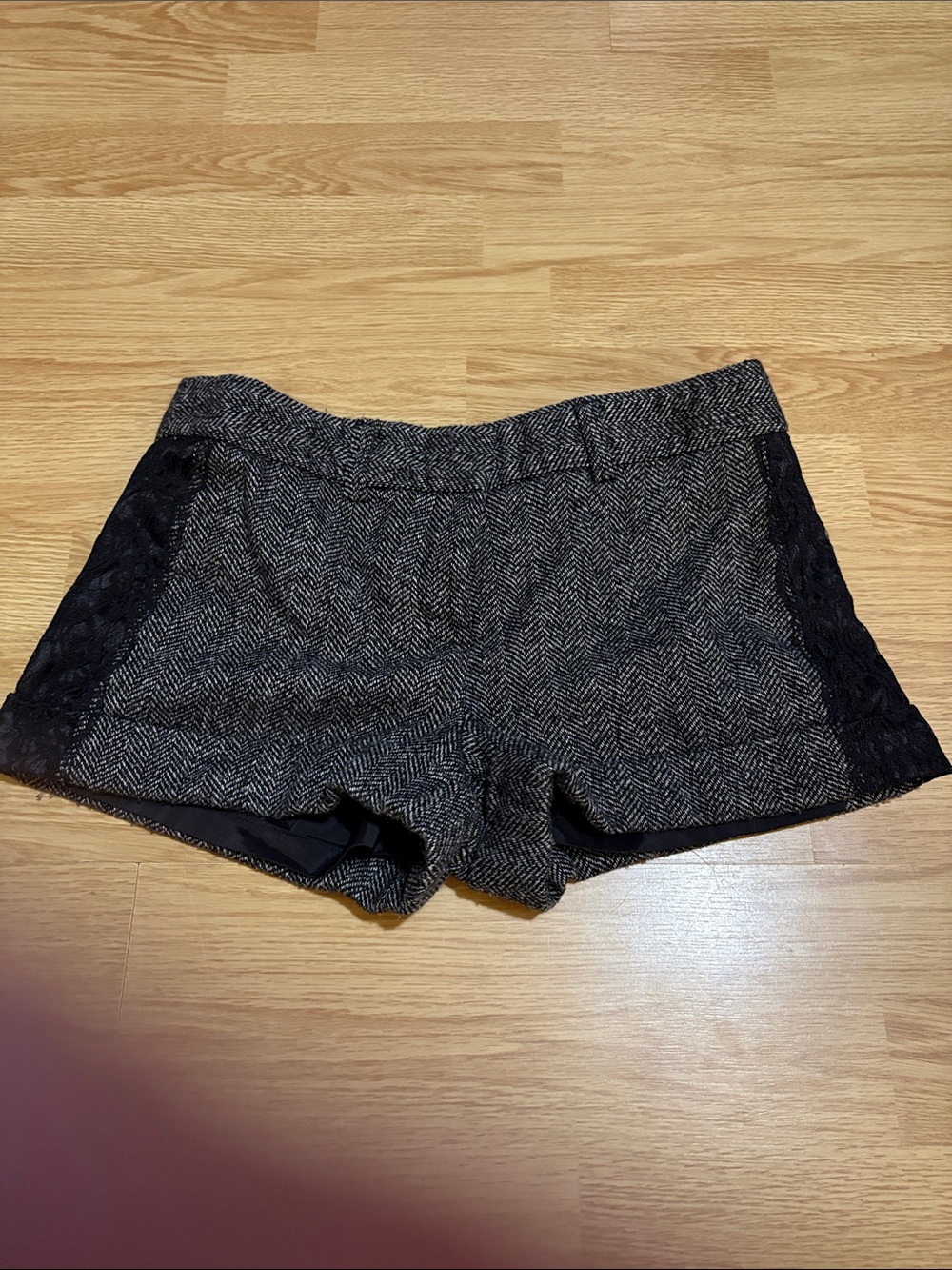 Express Gray Herringbone High-Waist Shorts with Black Lace Panels
